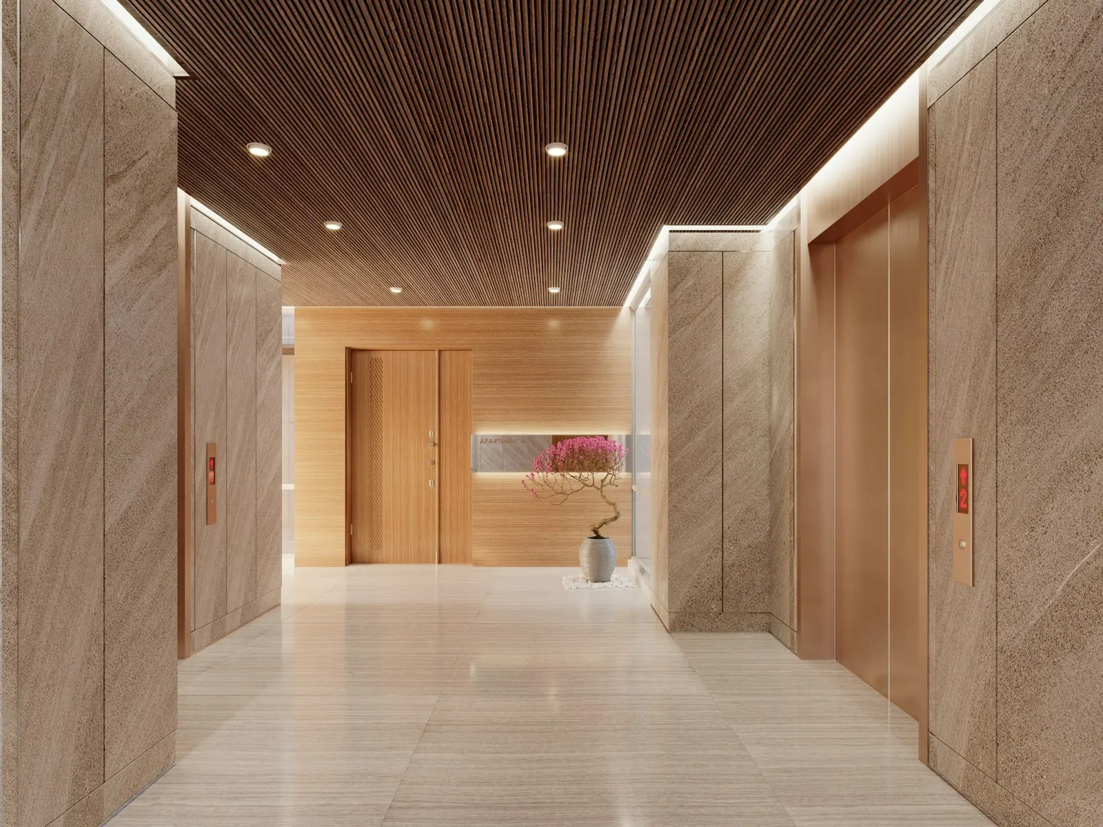 Modern residential lobby with warm wood accents