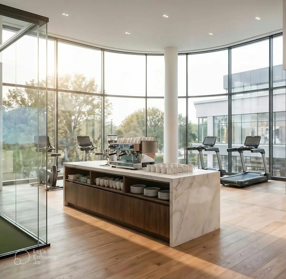 Modern gym with treadmills and large windows