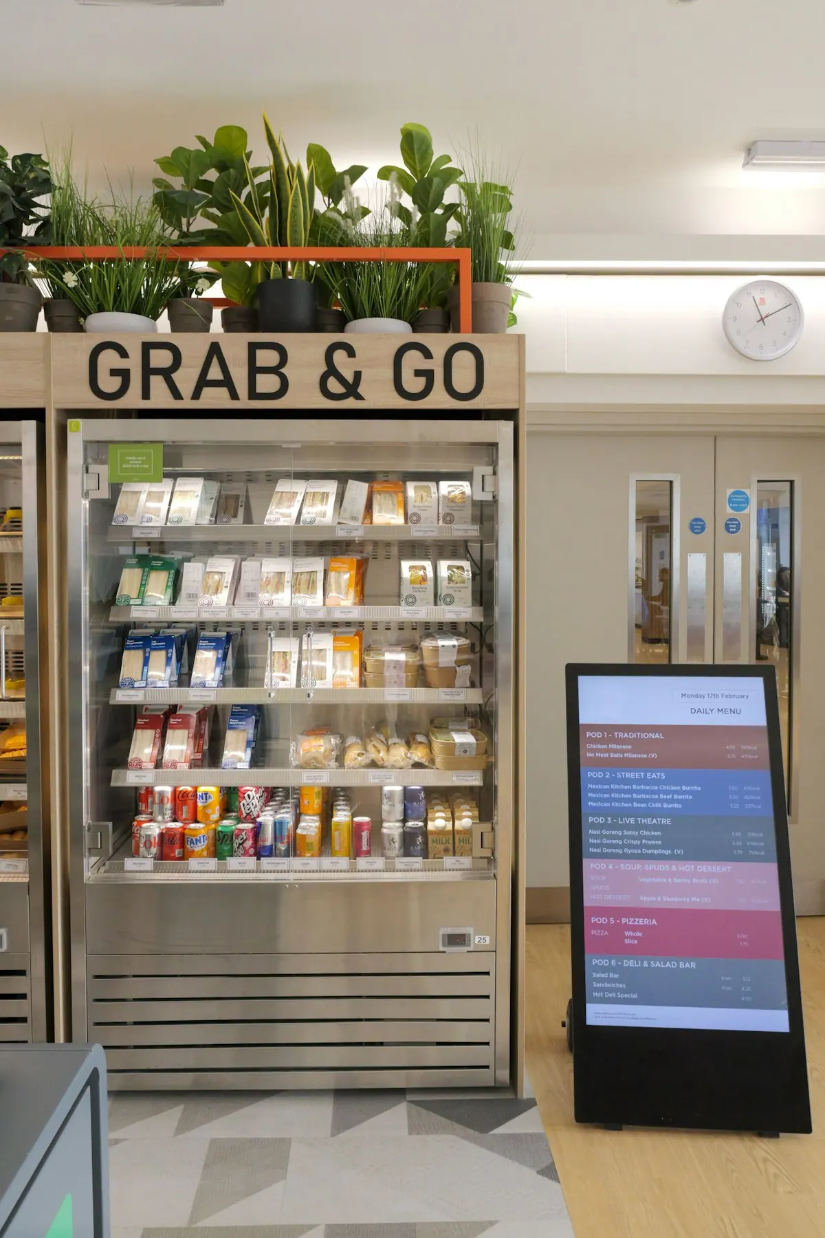 Grab-and-go micro-market fridge with self-checkout kiosk
